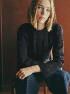 SEZANE Bamba Shirt Top Blouse Black Embroidery Size 42 10 Medium NEW NWT